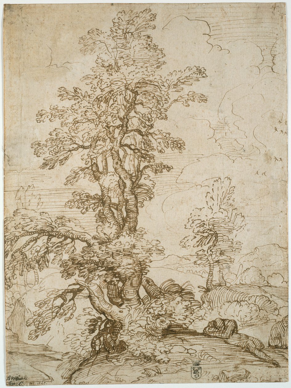Landskap med sovande man under träd (recto); Landskap med ryttare (verso) av Annibale Carracci