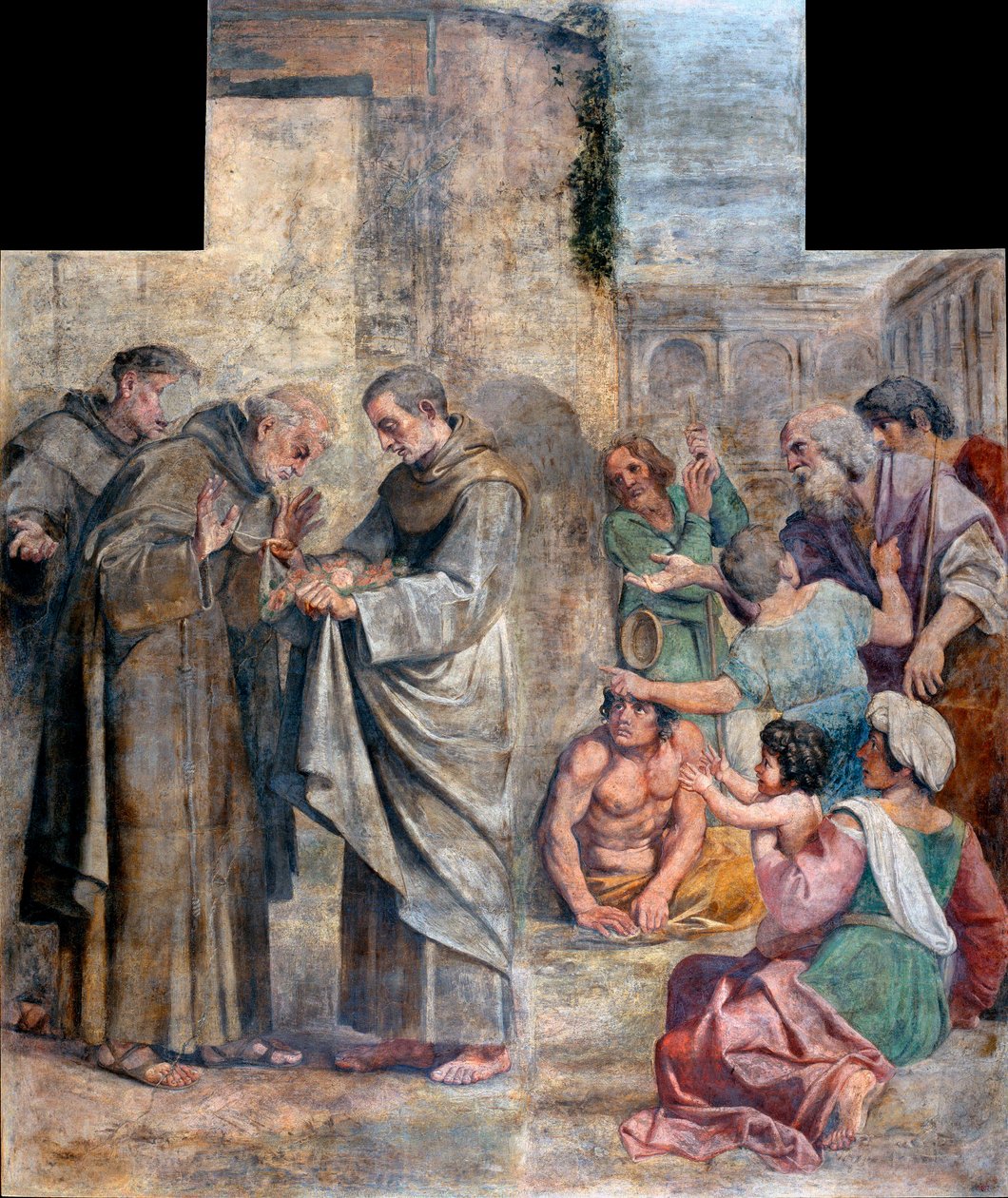 Rosornas mirakel - anklagad för stöld av mat, den spanske franciskanermunken Saint Diego av Alcala (1400-1463) finner att matvarorna som gömts i hans vana att ge dem till de fattiga har förvandlats till rosor - Målning av Annibale Carracci (An av Annibale Carracci