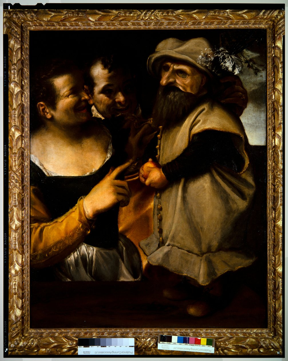 Man och kvinna beundrar ett barn i maskeraddräkt, ca 1582-85 (olja på duk) av Annibale Carracci