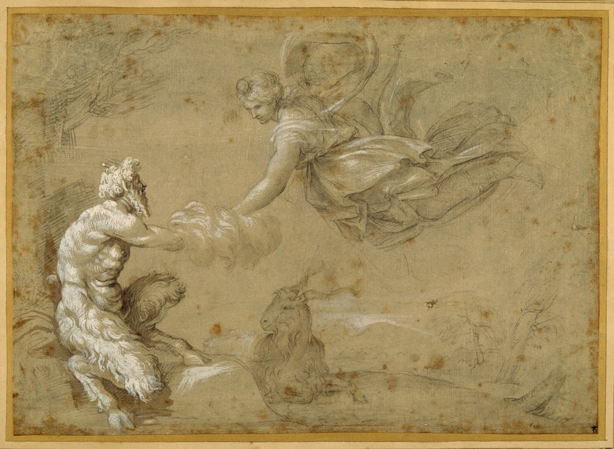 Pan som presenterar ullen för Diana (penna och brunt bläck med brun tvätt) av Annibale Carracci