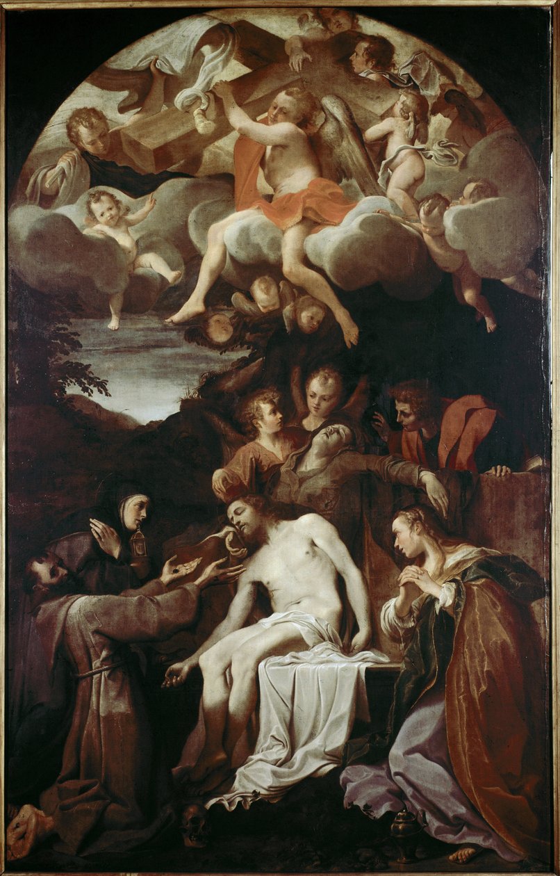 Pieta med St Claire, St Francis, St Mary Magdalena och St John (olja på duk av Annibale Carracci