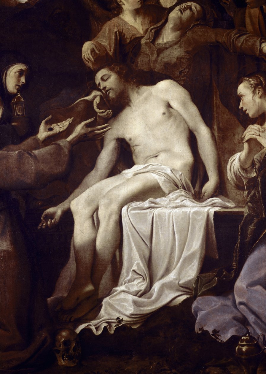 Pieta med St Claire, St Francis, St Mary Magdalena och St John, detalj av Jesus (olja på duk av Annibale Carracci
