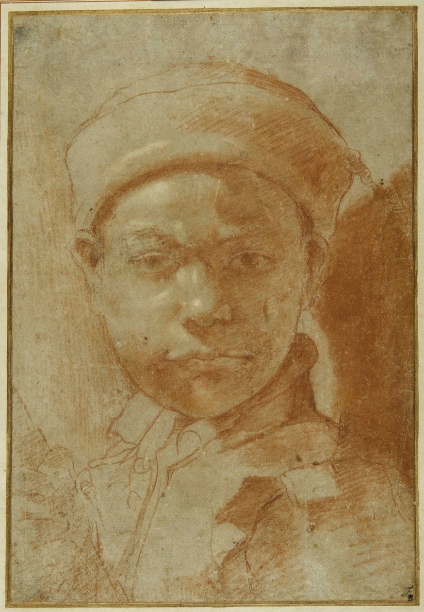 Porträtt av en ungdom, bystlång, klädd i en rund keps (röd krita på grått papper) av Annibale Carracci