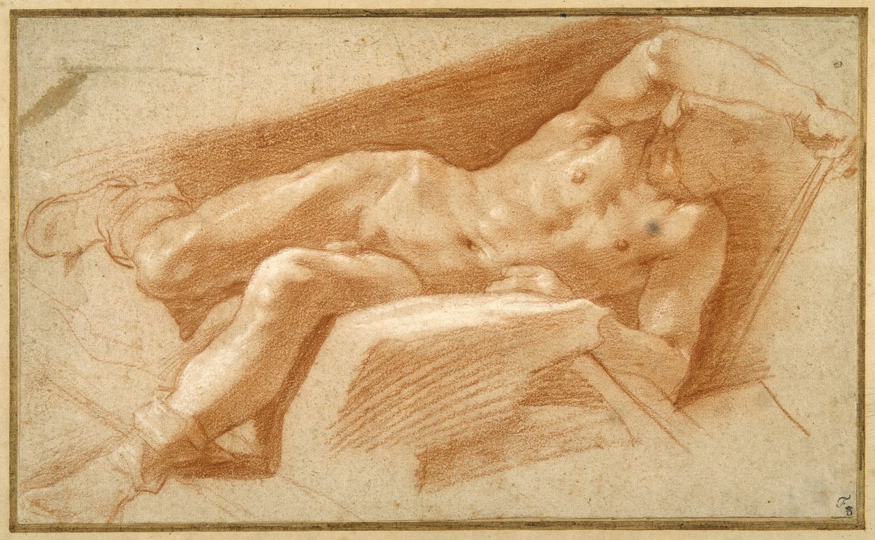 Liggande ungdom poserade naken, förutom att hans slang drogs ner till anklarna (röd krita på papper) av Annibale Carracci
