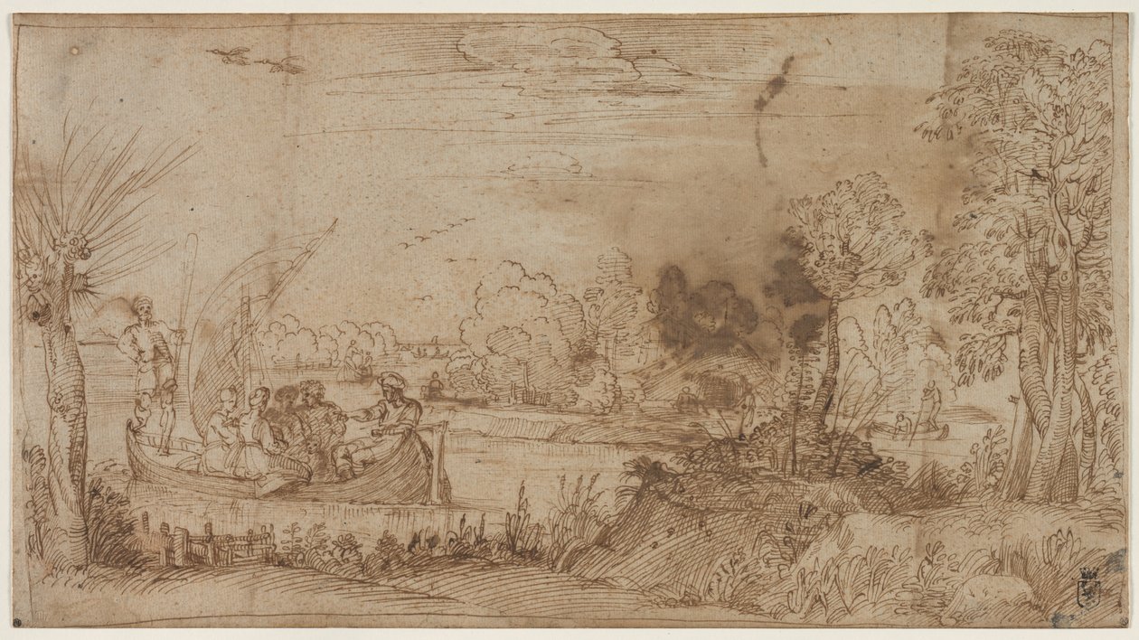 Flodlandskap med båtar, ca. 1590. av Annibale Carracci
