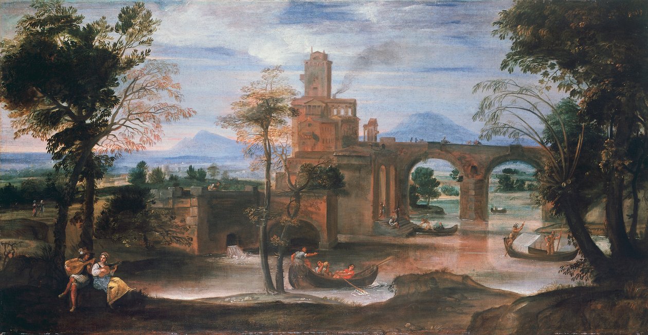 Flodlandskap med slott och bro, ca 1598 (olja på duk) av Annibale Carracci