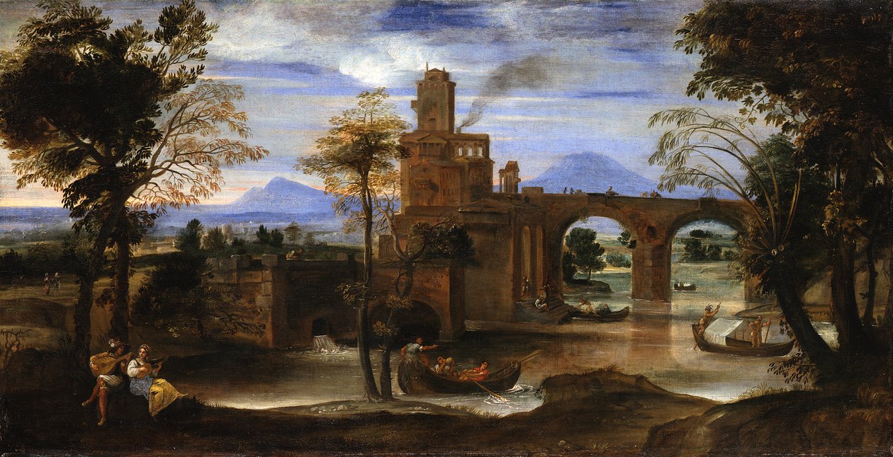 Romerskt flodlandskap med slott och bro av Annibale Carracci