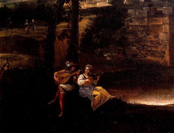 Romerskt landskap med en bro (olja på duk) (detalj av 186429 och 186430) av Annibale Carracci