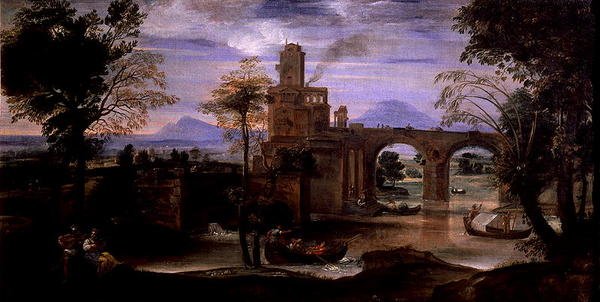 Romerskt landskap med en bro (olja på duk) (se även 186430 & 186431) av Annibale Carracci