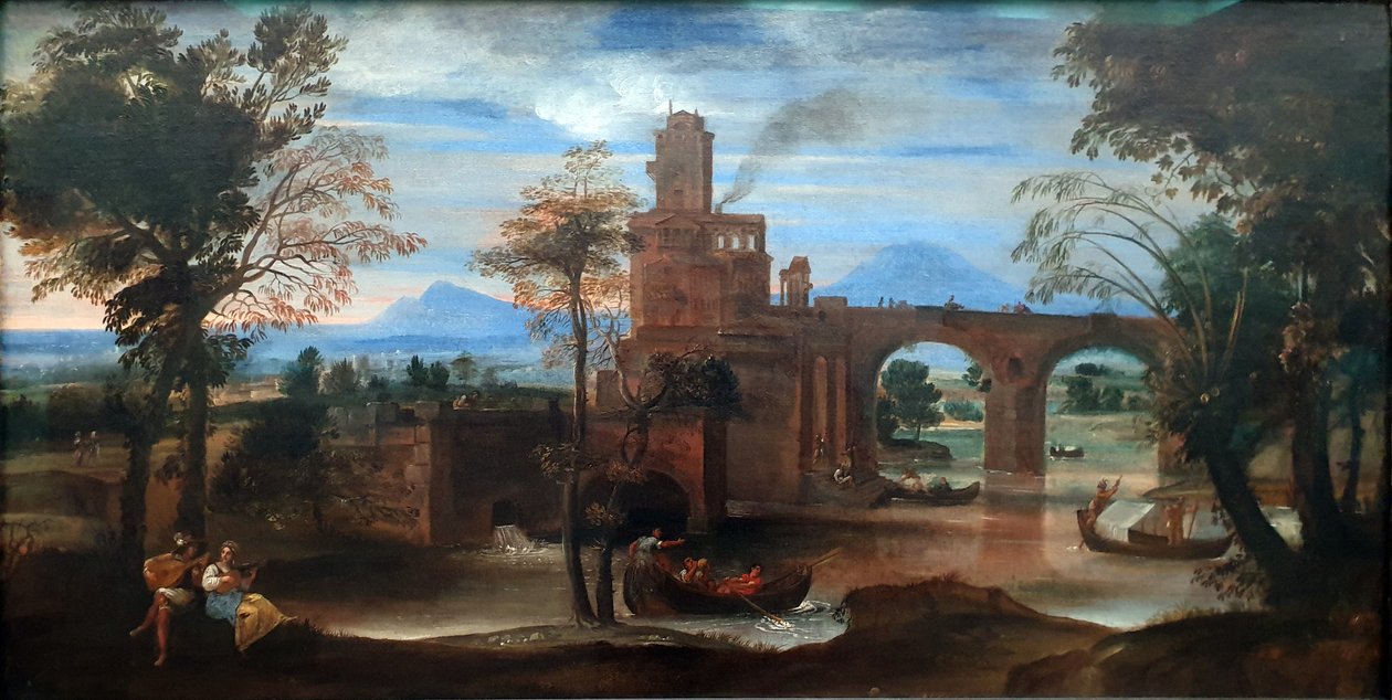 Romerskt flodlandskap med fort och bro av Annibale Carracci