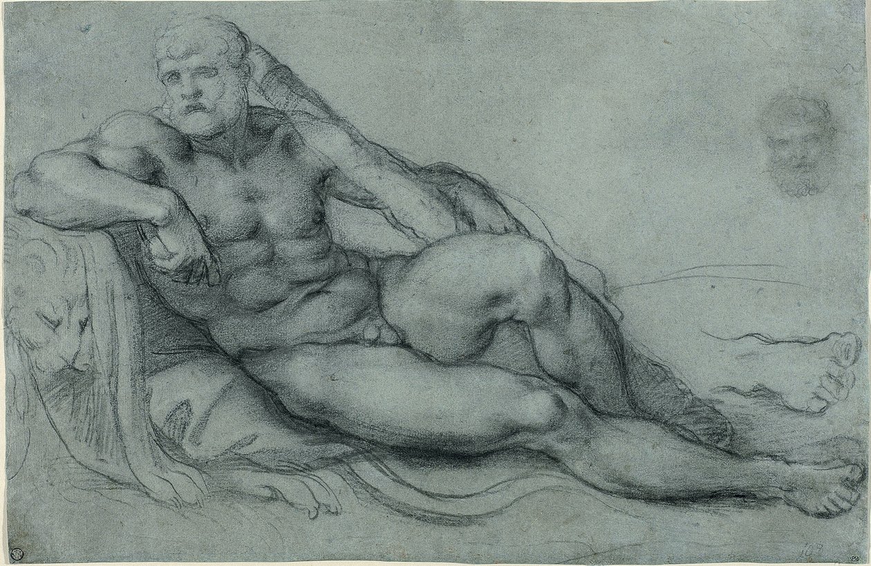 Studie av Hercules vilande, med separata studier av hans huvud och fot (recto); Rektangulärt rutmönster (verso) av Annibale Carracci
