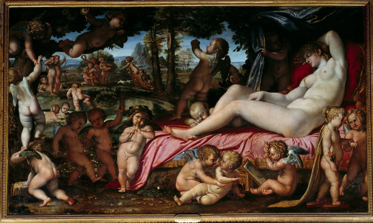 The Sleep of Venus Målning av Annibale Carracci eller Annibal Carrache (1560-1609) 1602 Sön. 1,9x3,28 m Chantilly, Musee Conde av Annibale Carracci