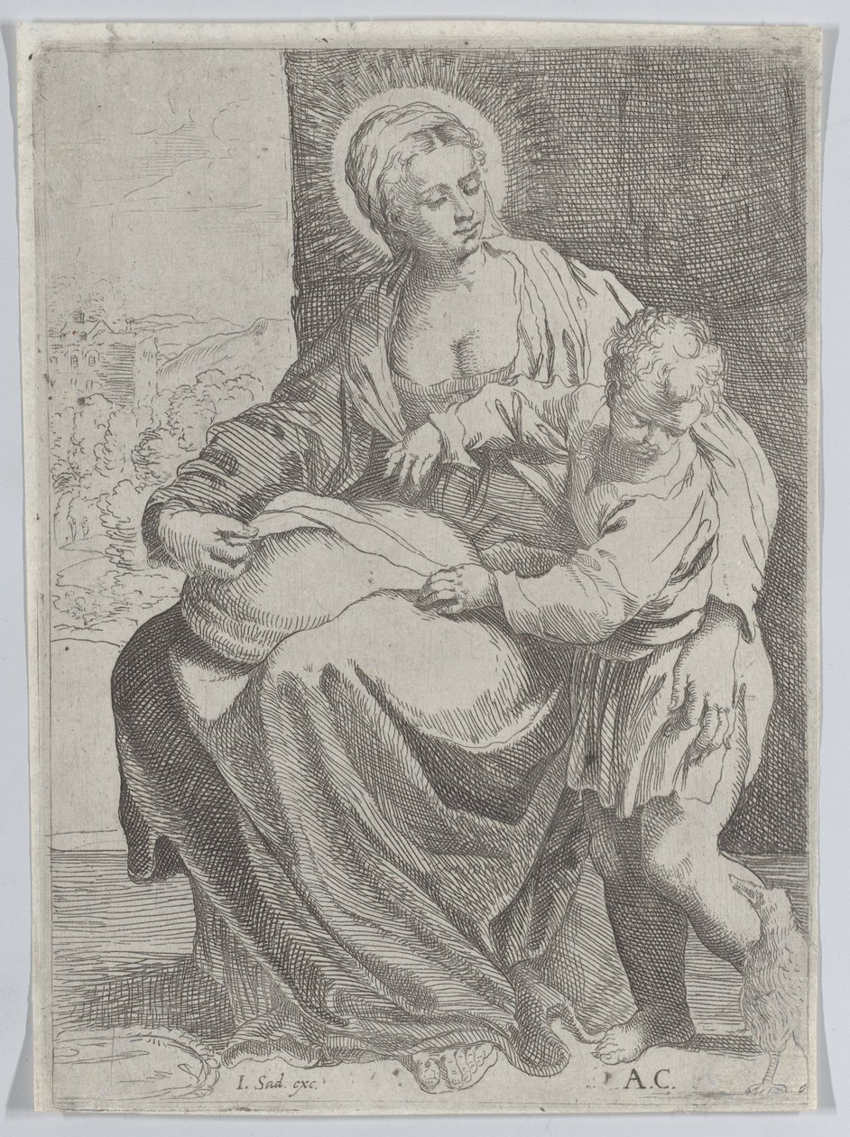 Jungfrun satt med en kudde i knät med den unge Kristus stående till höger..., 1580-1600. av Annibale Carracci
