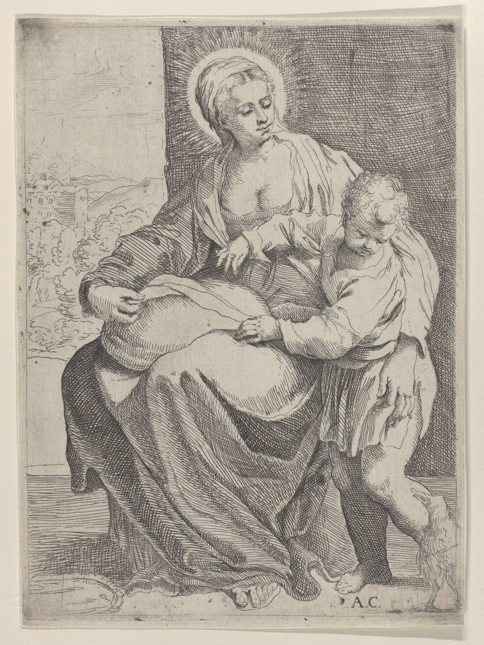 Jungfrun satt med en kudde i knät med den unge Kristus stående till höger..., 1580-1600. av Annibale Carracci