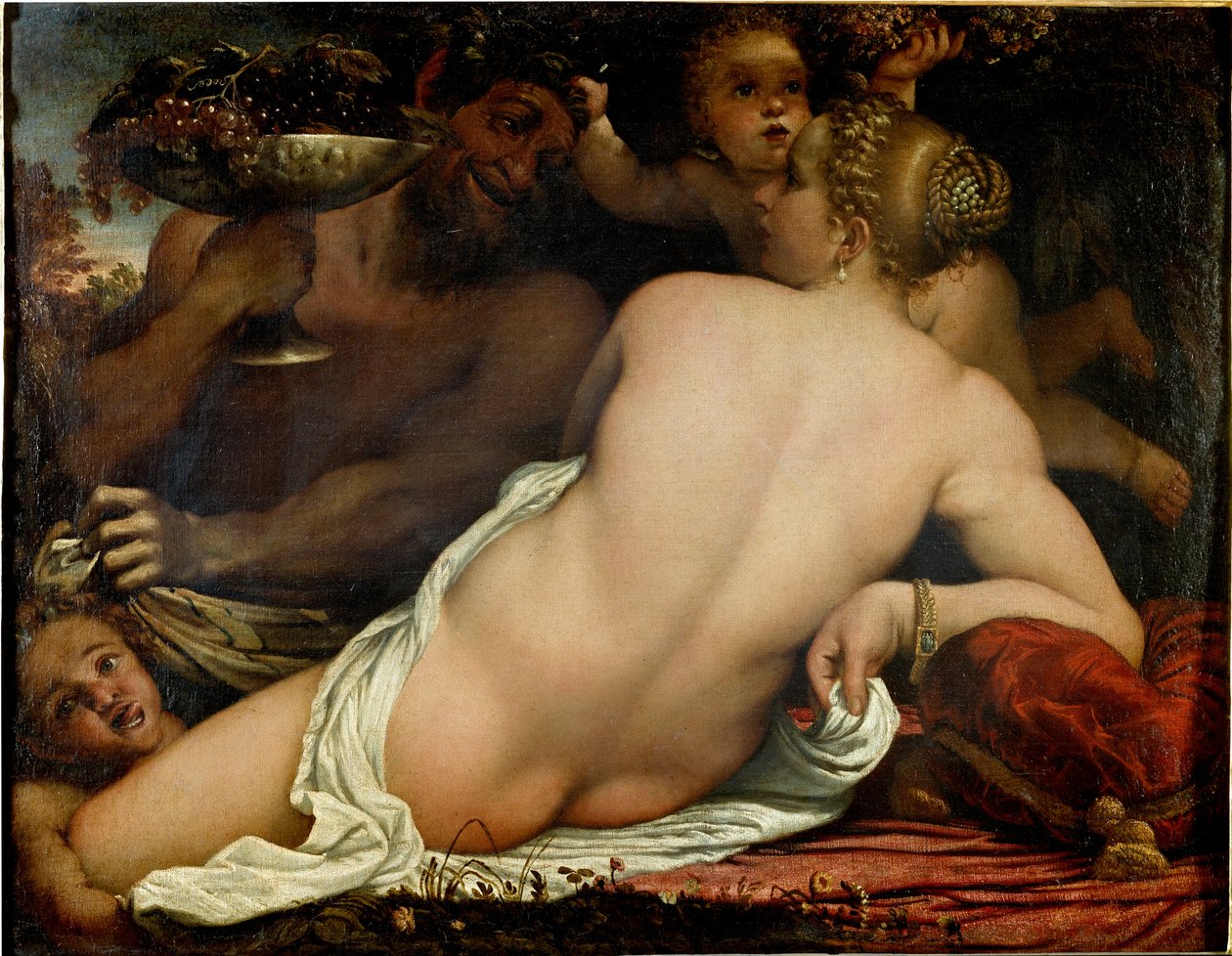 Bacchanten, Venus, satyr och två amoriner, detalj (olja på duk, ca 1588) av Annibale Carracci