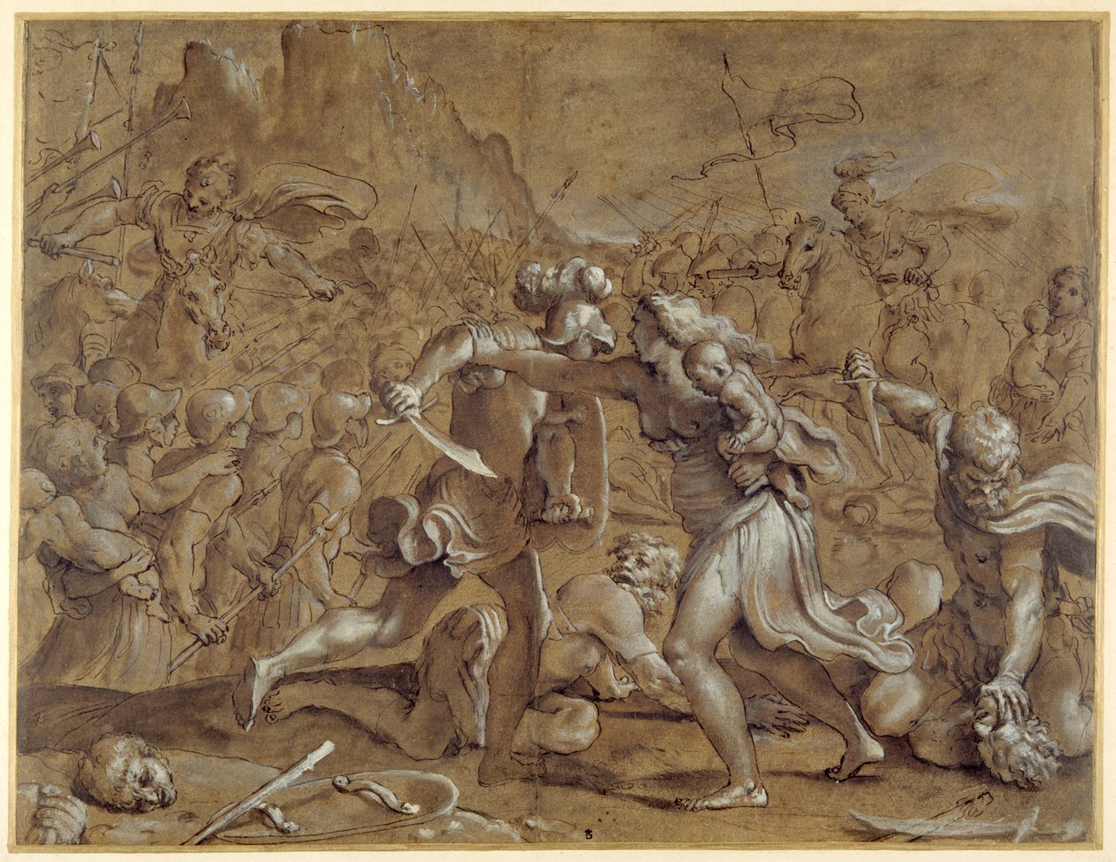 Kampen mellan romarna och sabinerna (penna och bläck med tvätt och gouache på papper) av Annibale Carracci
