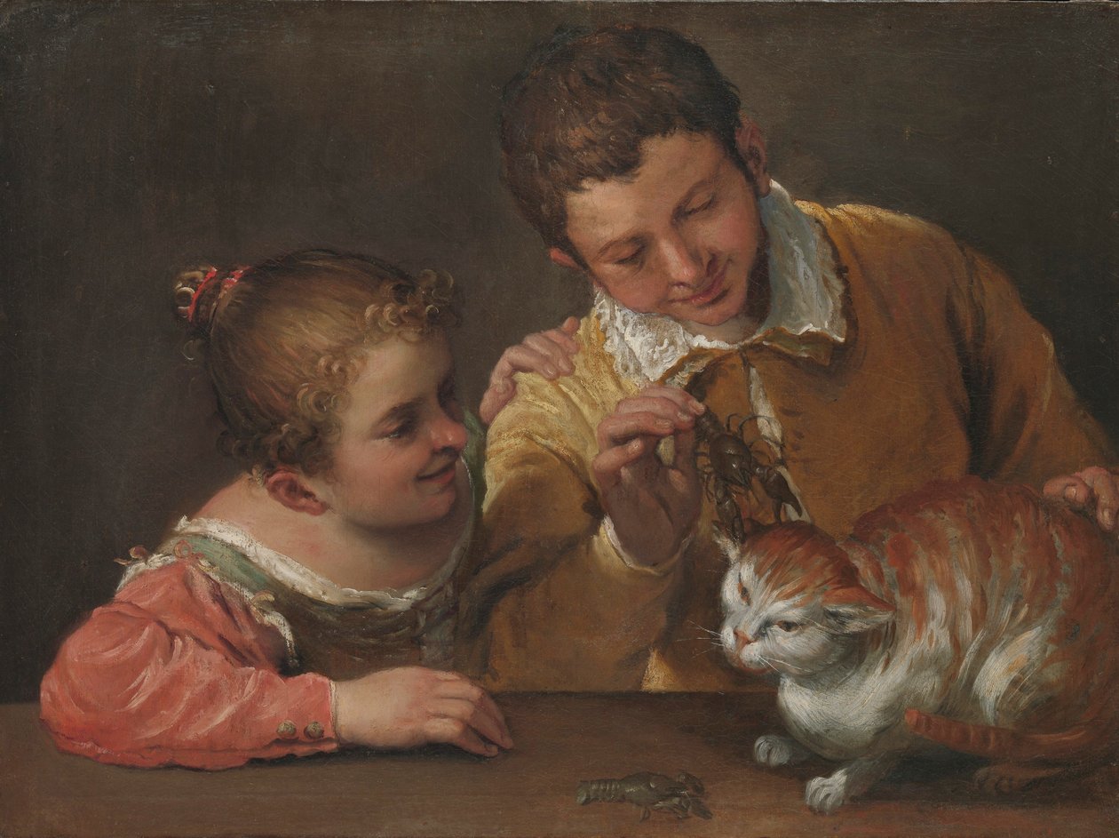 Två barn som retar en katt (olja på duk) av Annibale Carracci