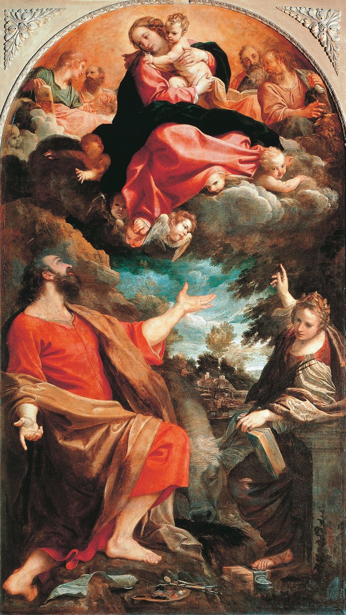 Jungfrun visar sig för Saints Luke and Catherine av Annibale Carracci (1560-1609), olja på duk, 401x226 cm, ca 1592 av Annibale Carracci