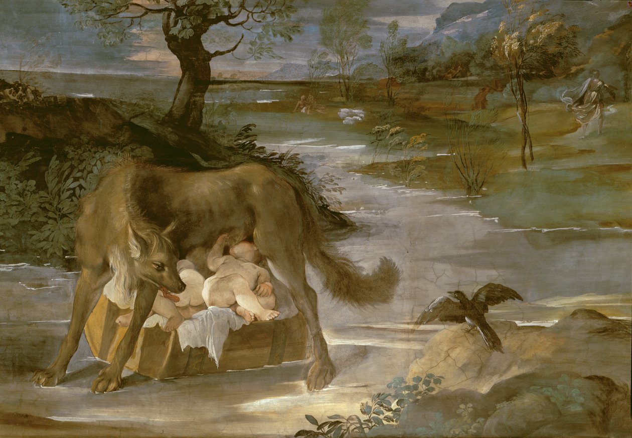 Hon-vargen som diar Romulus och Remus, från historien om Romulus cykel, ca 1590 av Annibale Copy Carracci