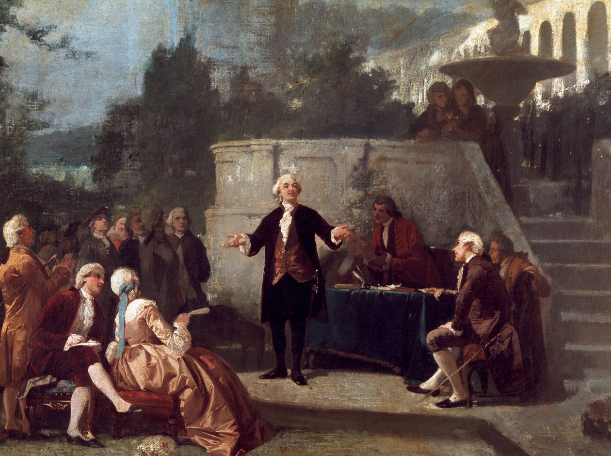 Den italienske dramatikern Carlo Goldoni (1707-1793) förklarar en sonett inför medlemmarna i Colonia Alfea (motsvarande Academy of Arcadia i Pisa) i Scotto Garden of Pisa Målning av Annibale Gatti (1828 - 1909) av Annibale Gatti