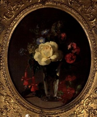 Still Life of a Yellow Rose, Mignonette och Fuchsias (olja ombord) av Annie Feray Mutrie
