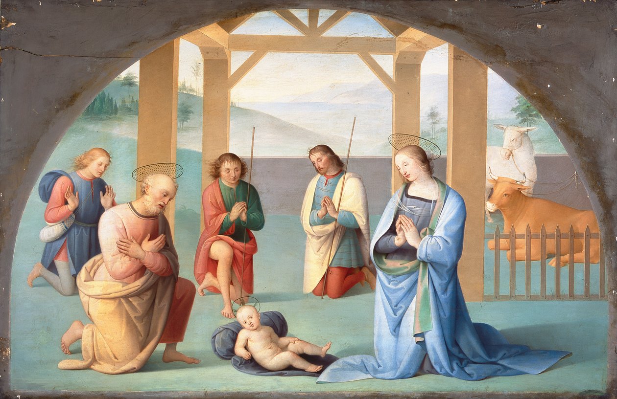 Det nyfödda barnets tillbedjan (efter Perugino), ca 1844-1933 (olja på duk) av Annie Louisa Swynnerton