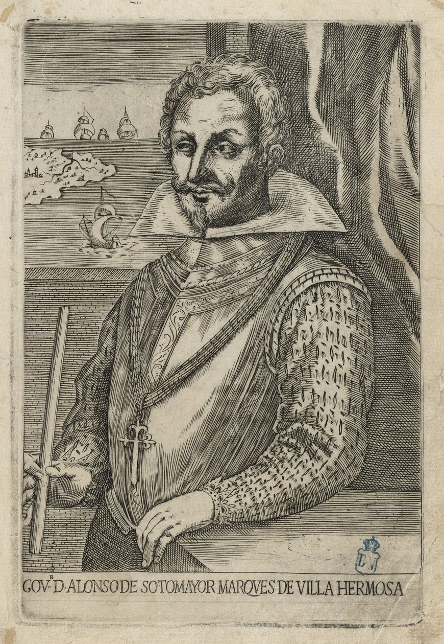 Alonso de Sotomayor, guvernör i Chile. Etsning och burin av Anónimo italiano