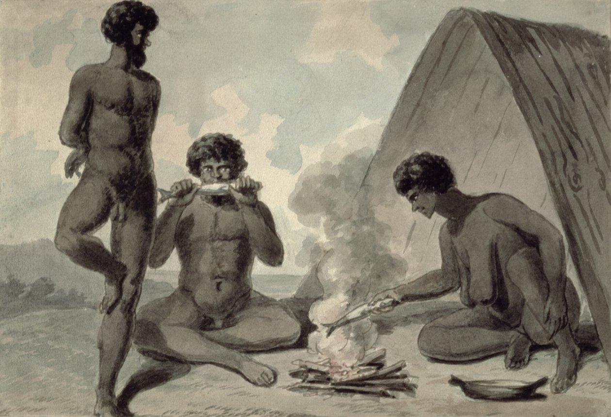 Aboriginer som äter fisk framför en lägereld, möjligen av Philip Gidley King (1758-1808) av Unbekannt Unbekannt