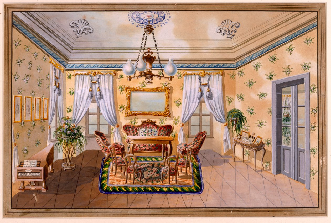 "Biedermeier-salong", tysk Anon c.1830, Akvarell av Unbekannt Unbekannt