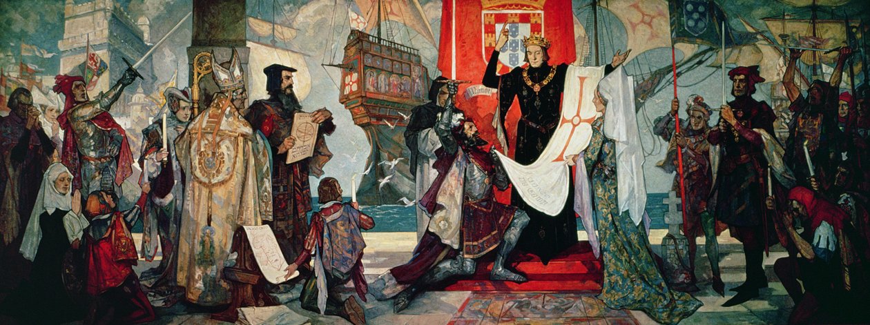 Avresa till Kap, kung Manuel I av Portugal välsignande Vasco da Gama och hans expedition, ca 1935 av Unbekannt Unbekannt