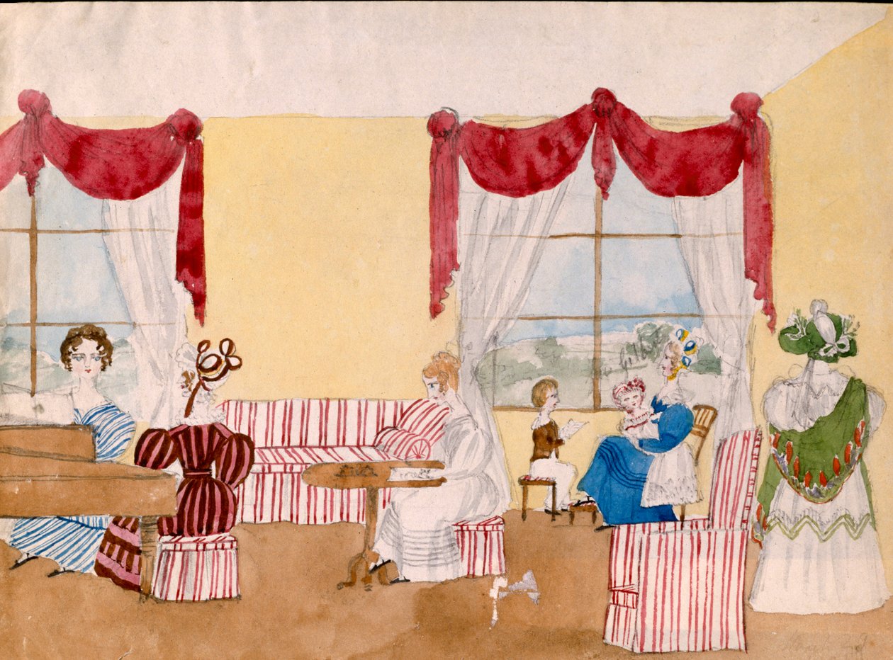 Interiör med kvinnor och barn, c.1830, brittisk, akvarell av Unbekannt Unbekannt