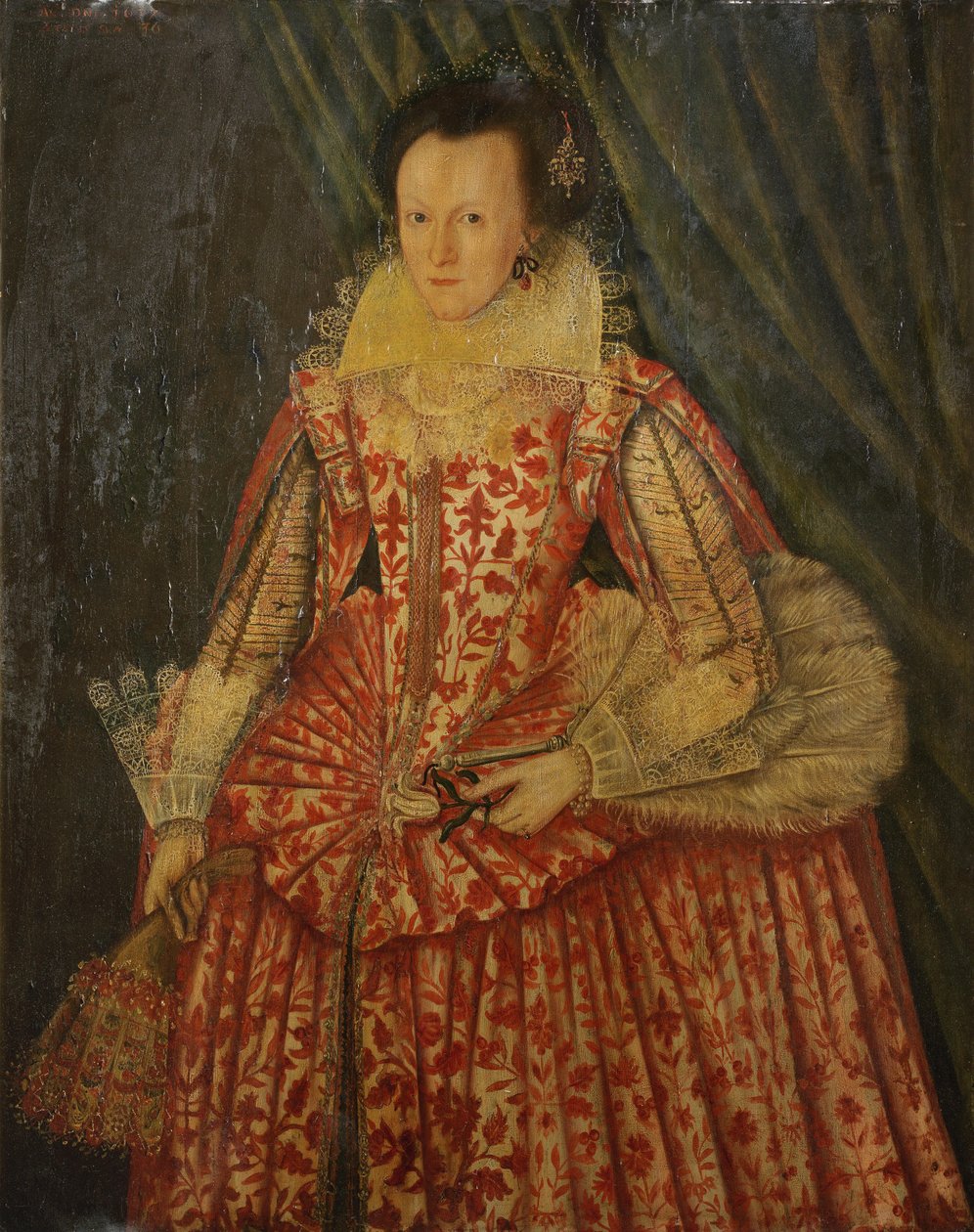 School, Portrait of a Lady, Three-quarter-length, in a red and White Dress, Holding Gloves and a Fan av Anonymous