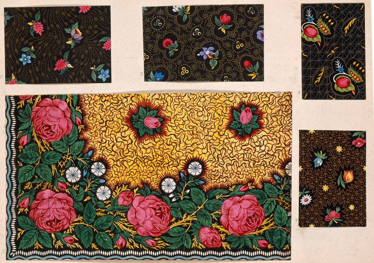 Textildesign, rosa rosor med extra färgbyxor. Franska, tidigt 1800-tal av Unbekannt Unbekannt
