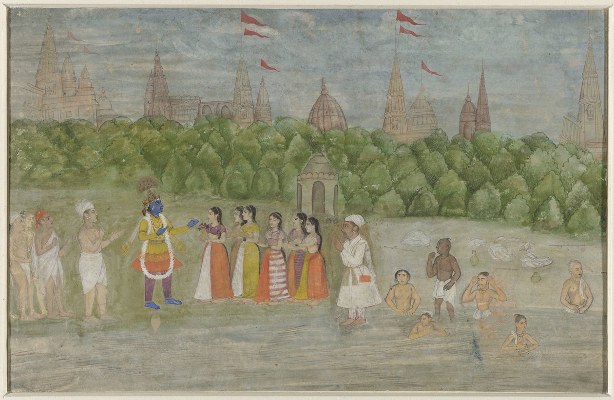 På stranden av Yamuna vid Brindaban dansar Krishna med Gopis av Anonymous