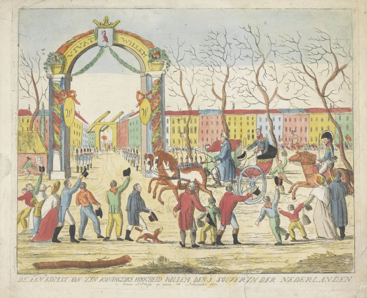 Prinsen av Oranges ankomst till Haag, 1813 Hans kungliga höghet Willems ankomst den 1 souveryn der Nederlanden benne S: Hage den 30 november 1813 (titel på objektet) av Anonymous