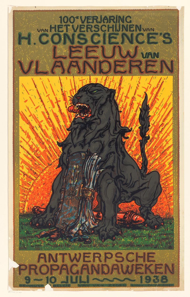 Affisch med anledning av hundraårsjubileet av publiceringen av De Leeuw van Vlaanderen av Henri Conscience 100-årsjubileum av publiceringen av H. Conscience