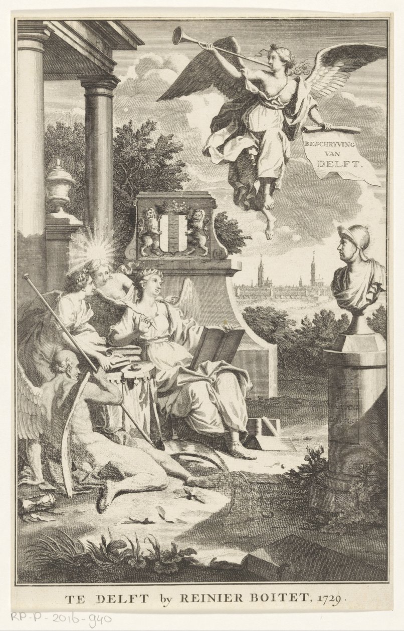 Allegori om Delft Beskrivning av Delft (titel på objekt) Titelsida för: S.n., Beschryving der stadt Delft, 1729 av Anonymous
