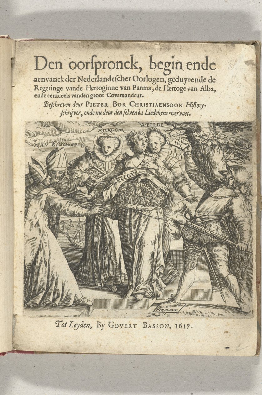 Allegorisk titelsida i: Pieter Christiaansz Bor, Den Oorspronck, Beginning and Departing of the Dutch Wars, 1617 av Anonymous