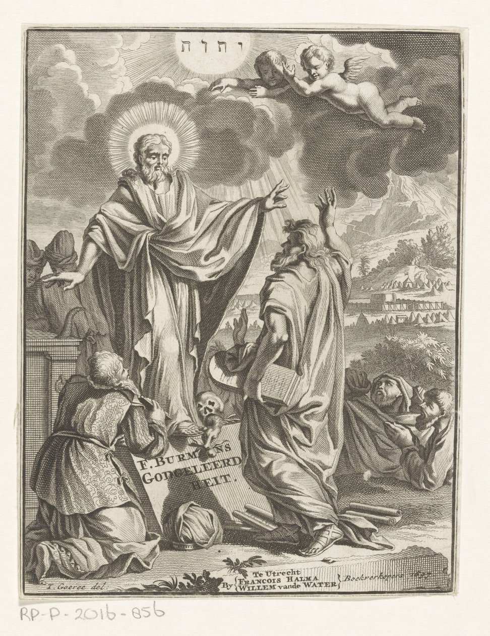 Allegorisk framställning med Kristus, Moses och knästående figur Titelsida för: Frans Burman, Teologi, 1697 av Anonymous