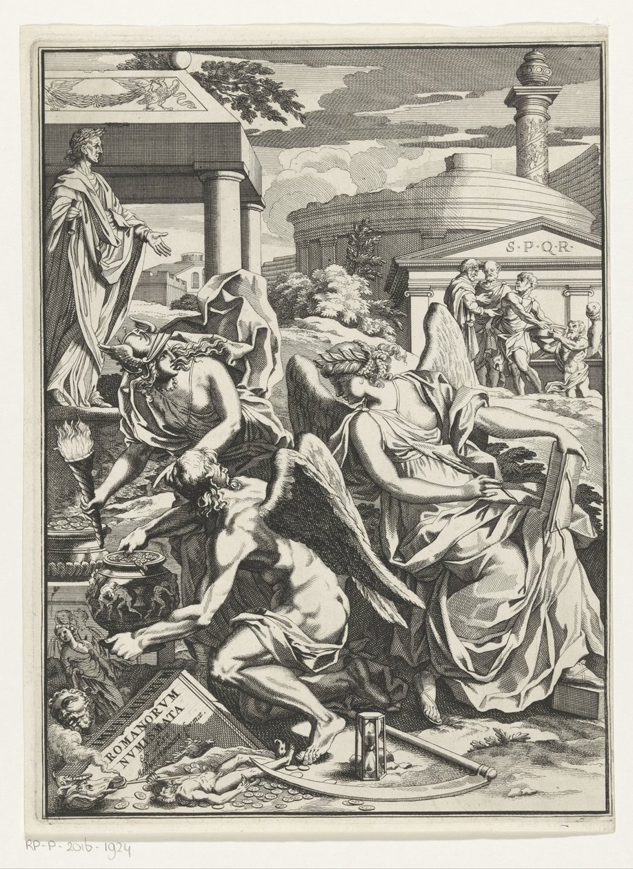 Allegorisk representation med Historia, Fader Tid med en kruka med mynt Titelsida för: Carl Patin, Imperatorum romanorum numismata, s.a. av Anonymous