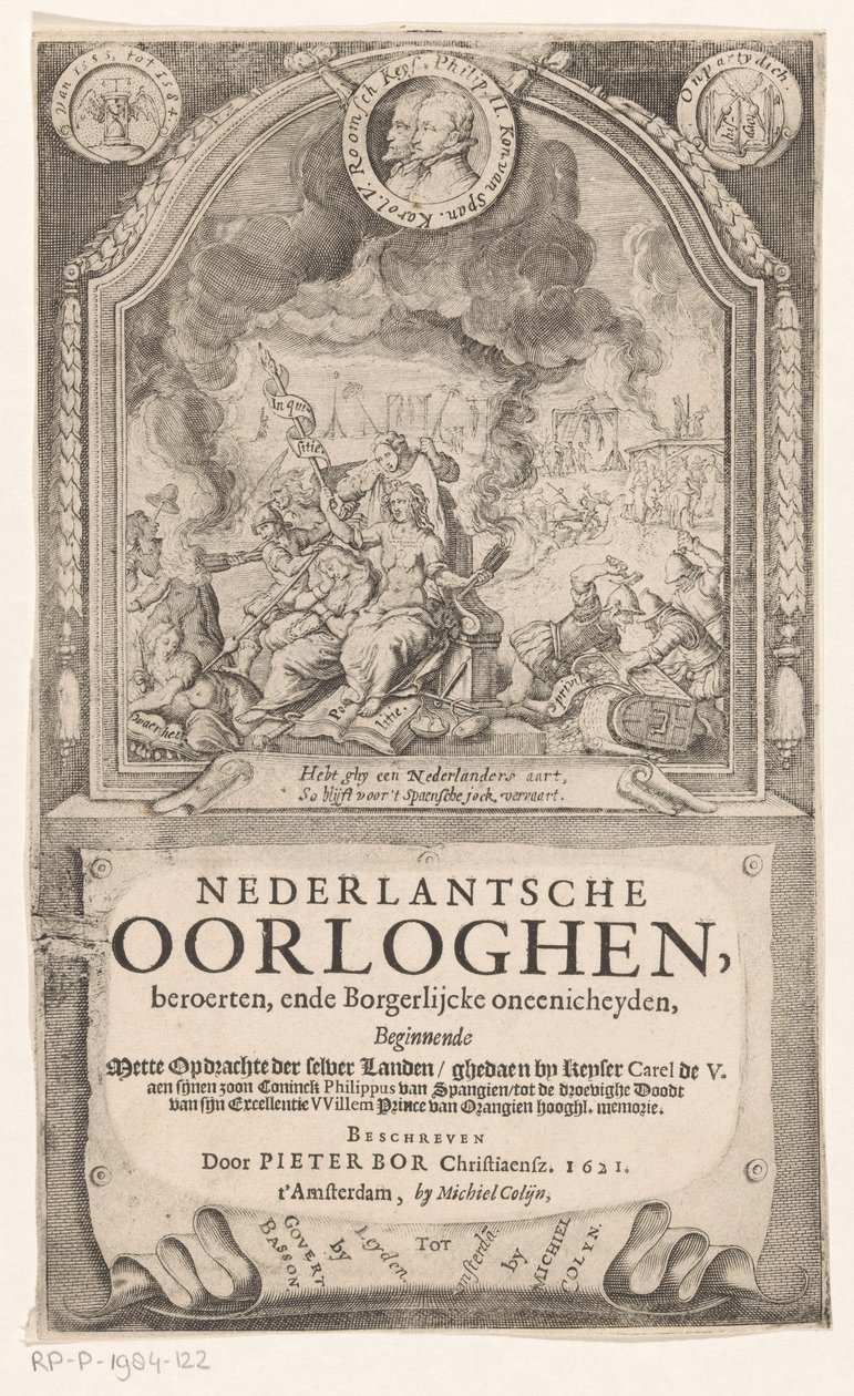 Allegorisk representation med spansk inkvisition, frihet och sanning Titelsida för: Pieter Bor, holländsk krigshöna, 1621 av Anonymous
