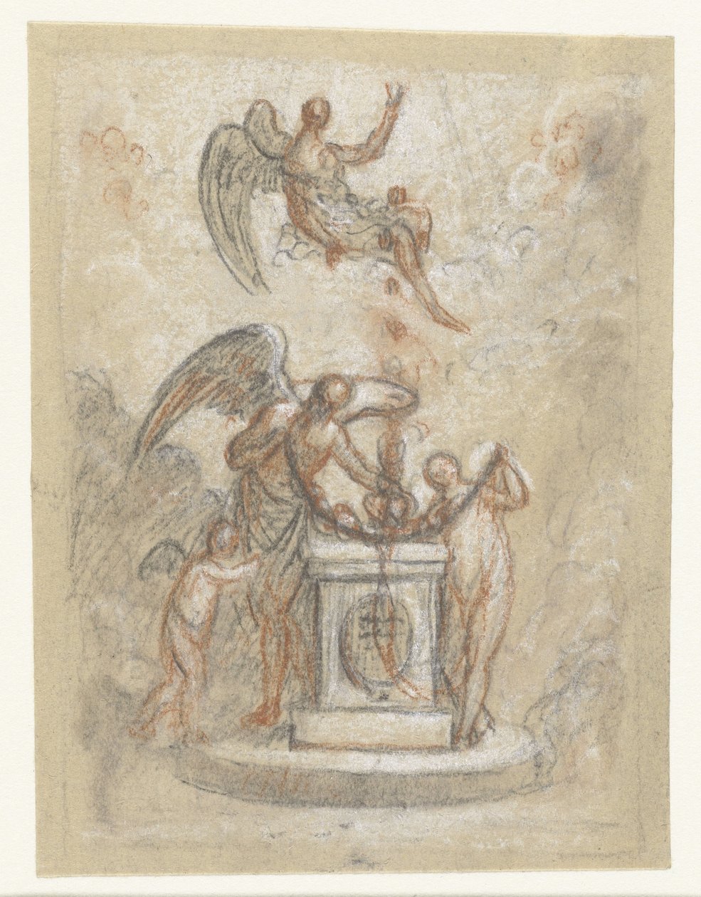 Allegorisk representation med tiden och andra figurer runt ett monument eller altare av Anonymous