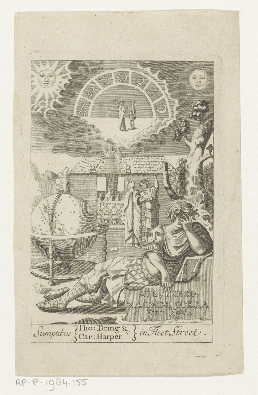 Ambrosius Theodosius Macrobius leunend på stenen bredvid jordklotet Guld Theod. Macrobius Opera Cum Notis (titel på objekt) Titelsida för: Ambrosius Theodosius Macrobius, Aur. Theodosius Macrobius V. Cl. & lysande verk, 1694 av Anonymous