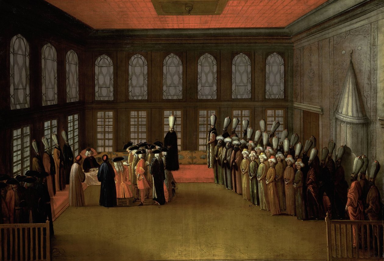 En ambassadörs publik med storvesiren i hans Yali på Bosporen (ambassadör Cornelis Calkoen, 12 augusti 1727) av Anonymous