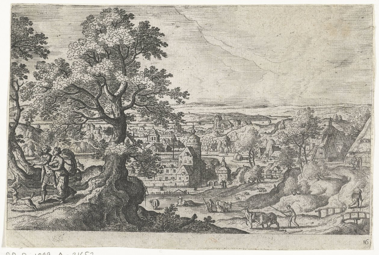 Apollo går med en ung kvinna Landskap med mytologiska och bibliska scener (serietitel) av Anonymous