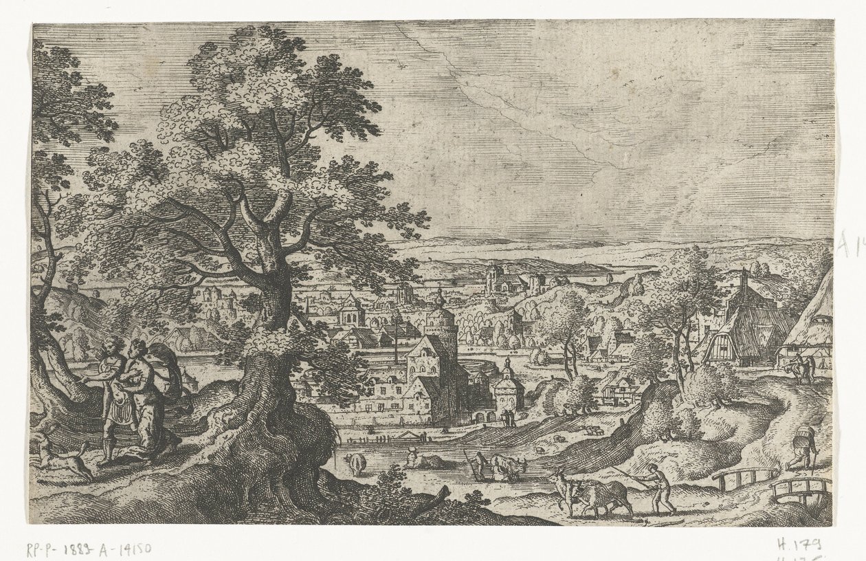 Apollo går med en ung kvinna Landskap med mytologiska och bibliska scener (serietitel) av Anonymous