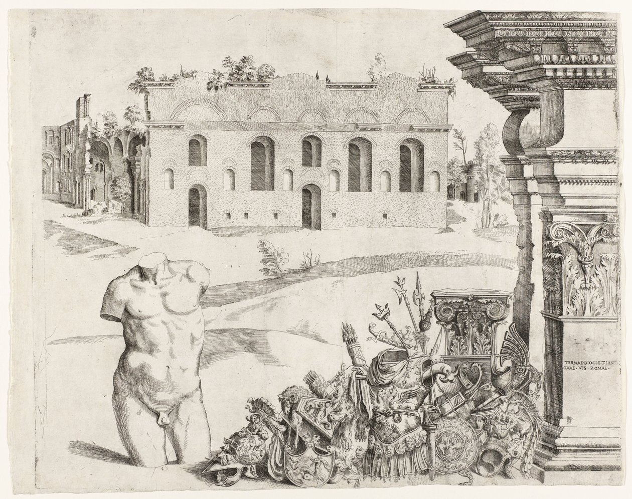 Arkitektonisk capriccio med spolia, en manlig torso och utsikt över Diocletianus bad av Anonymous