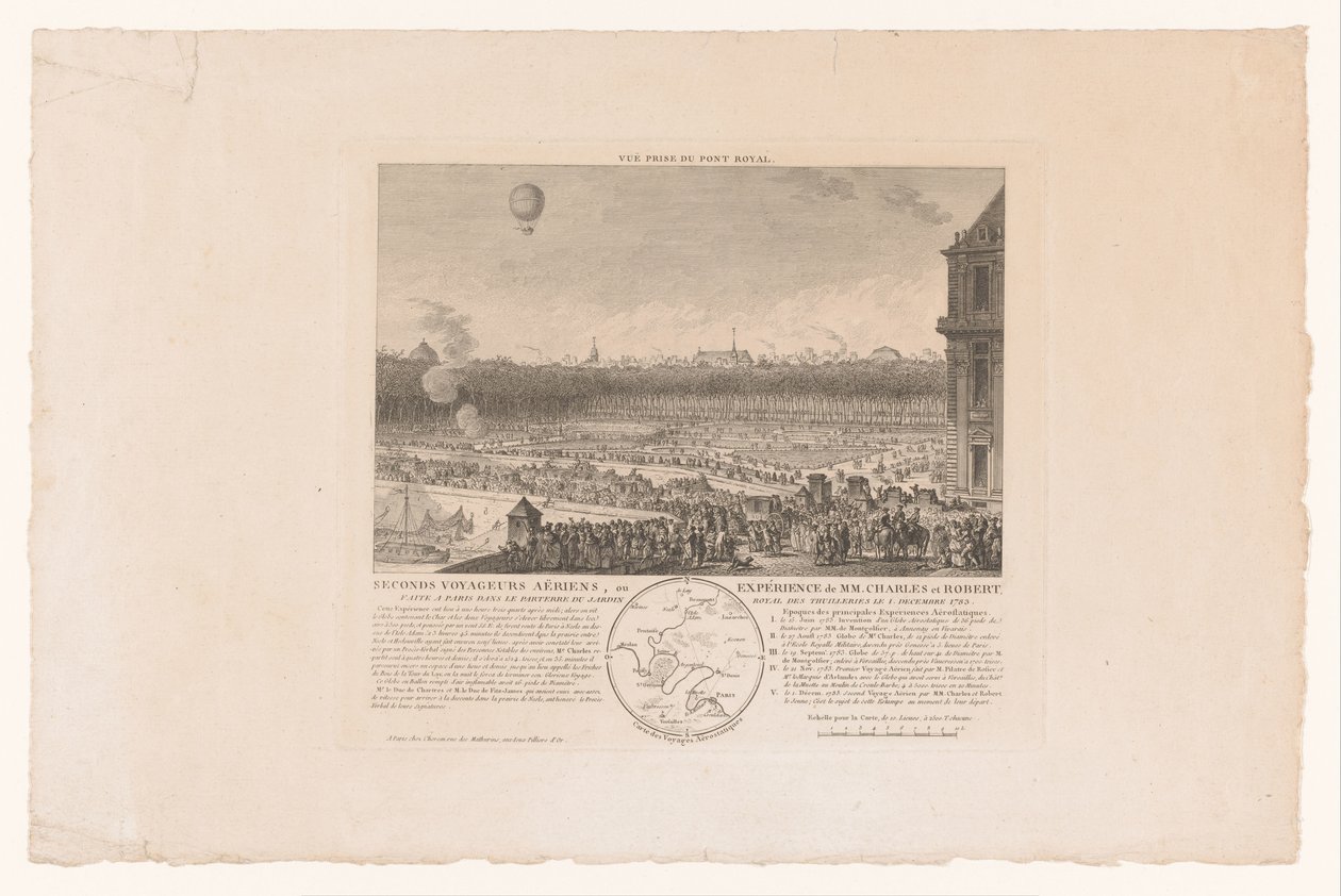 Ballonvlucht av heren Charles och Robert van Parijs till Beaumont, sedd från de Tuilleriën, 1 december 1783 Andra flygresenärer, eller erfarenhet av MM. Charles och Robert, tillverkade i Paris i parterren i Tuilleriernas kungliga trädgård den 1 december av Anonymous