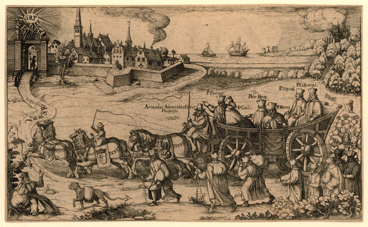 Bedevaart van de verdreven Boheemse en Hongaarse jezuïeten naar het Amsterdamse rasphuis, 1619 Jesuiten som fördrevs från kungadömena Böheimb och Hungern gjorde Wallfarth till Saint Raspino och Pono / till Amsterdam i straffanstalten (titel av Anonymous