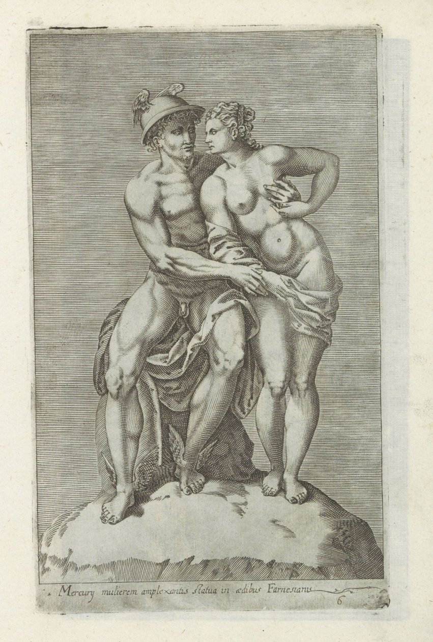 Bildengroep met Mercurius en een godin Staty av Merkurius som omfamnar en kvinna i det farnesiska palatset (titel på föremålet) Antika skulpturer i Rom (serietitel) Ikoner av de antika statyerna av staden Rom som ses på offentliga platser (serietitel) av Anonymous